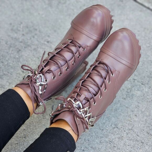 Women's Platform Heel Boots Chunky Ankle Lace Up Mocha Color - Picture 3 of 5